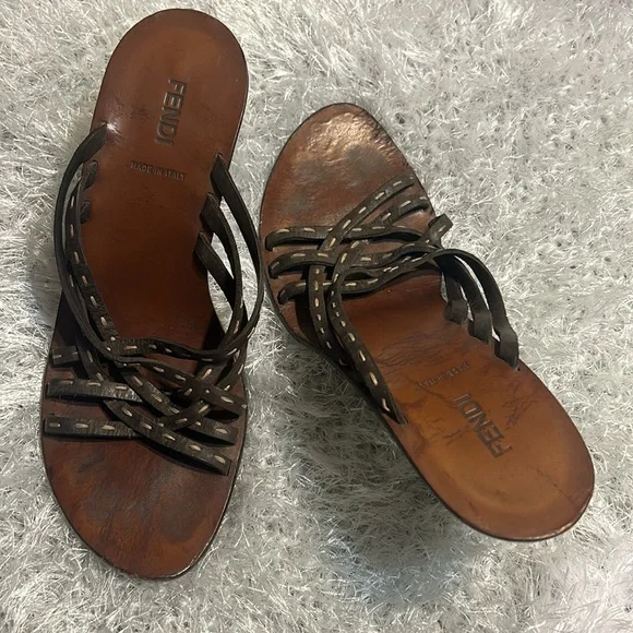 Fendi Dark Brown Leather Strappy Slide Sandals Size 39.5